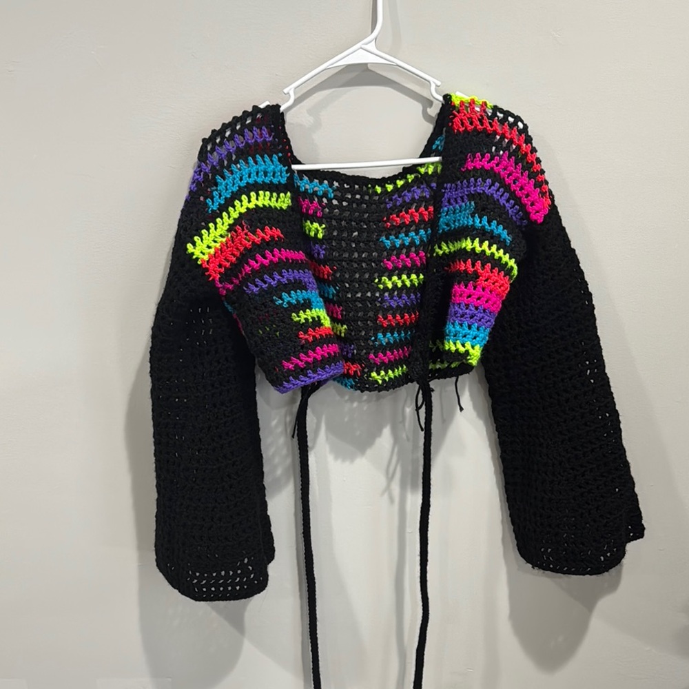 Colorful Crochet Sweater with Black Sleeves